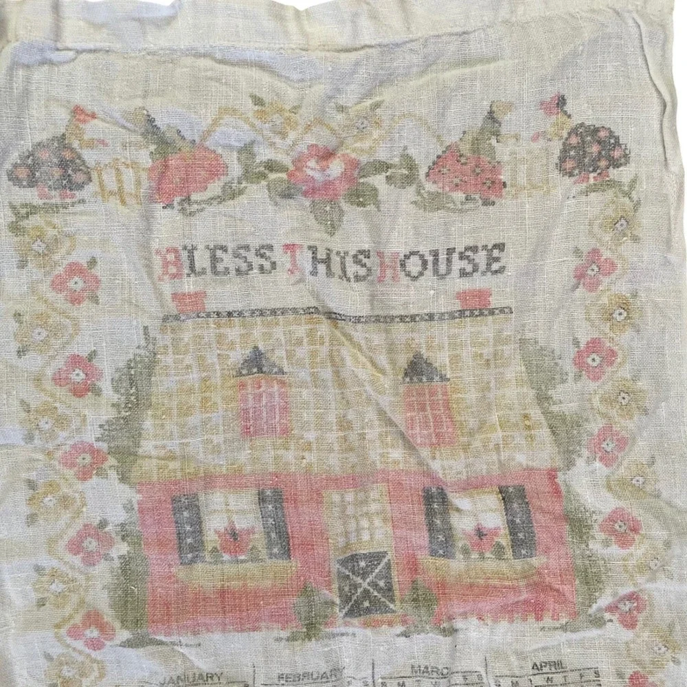 Vintage 1973‎ Calendar Linen Tea Towel BLESS THIS HOUSE Distressed Trees Flowers